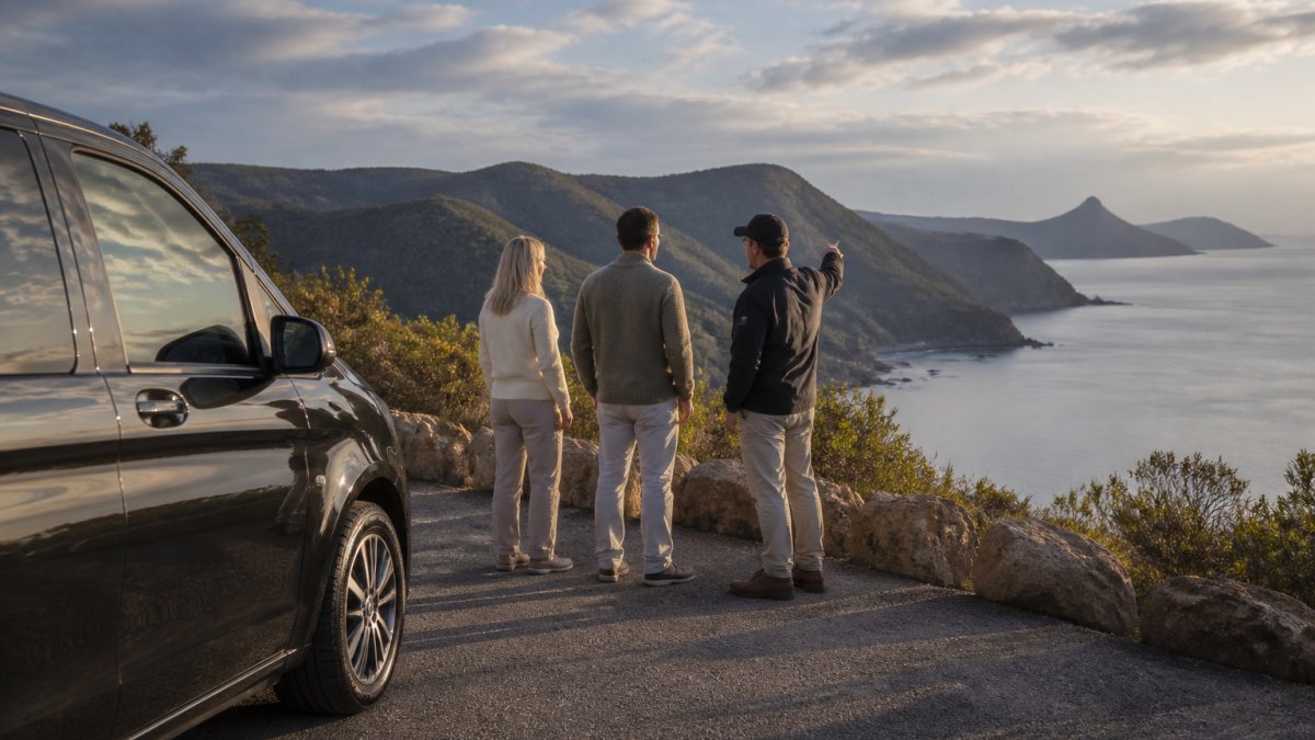A private vehicle parked at a coastal lookout south of Hobart, a couple stepping out while a local guide points toward the water, soft morning light over rugged coastline