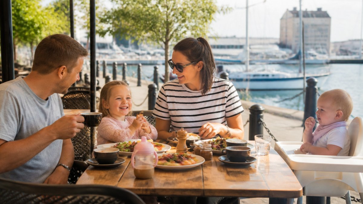 Infographic illustrating key tips for child friendly dining at cafes and restaurants in Hobart and nearby towns.