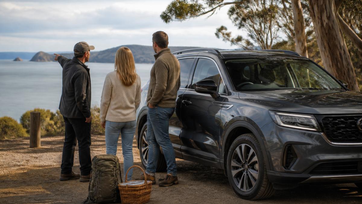 Local guide pointing toward the coast for a couple during private tours by a modern SUV with a picnic basket.