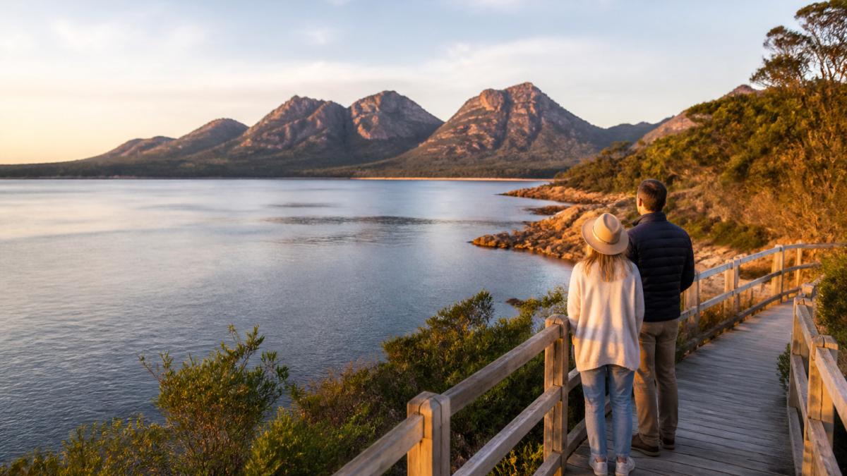 A couple standing on a wooden boardwalk overlooking a calm bay at Freycinet National Park at golden hour, with pink granite peaks in the background