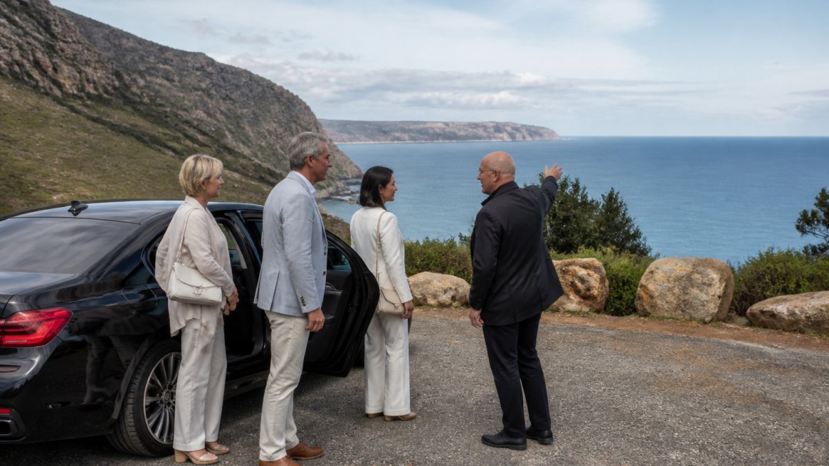A private driver in Tasmania points out coastal views to travelers stepping from a modern sedan.