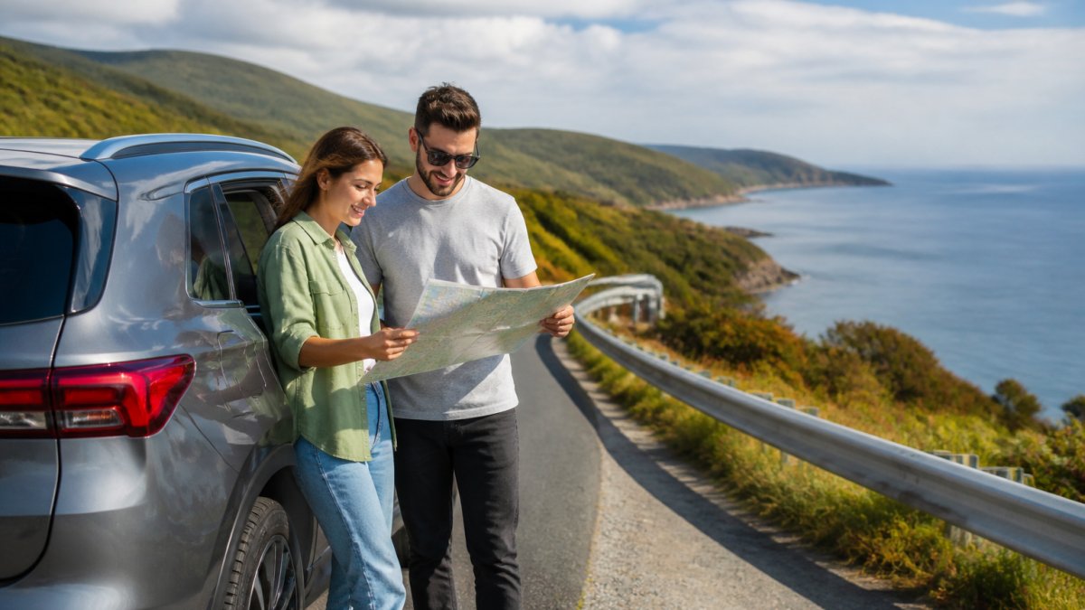 A couple standing beside a modern SUV on a scenic coastal road in Tasmania, looking at a paper map with relaxed smiles, ocean and green hills behind them