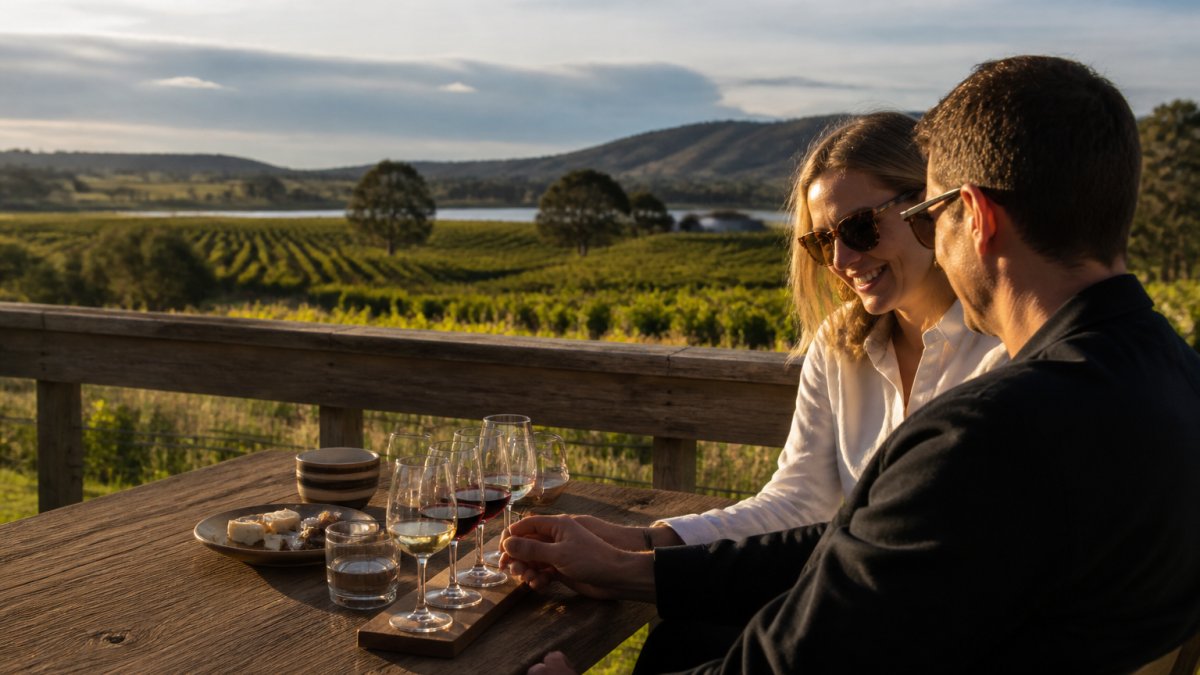 A couple sharing a wine tasting flight at a cellar door overlooking rolling vineyard rows in the Coal River Valley, late afternoon light, relaxed and unhurried mood