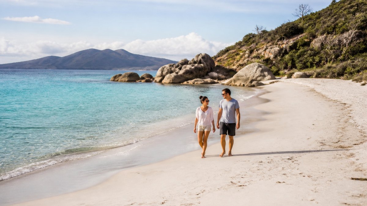 A couple walking barefoot along an empty curved beach at soft morning light, turquoise water and granite boulders behind them, no other people in sight